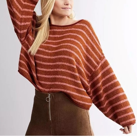 Free People Tops - SOLD! FREE PEOPLE Red Pink Striped Oversized Slouchy Crew Neck Boho Sweater XS